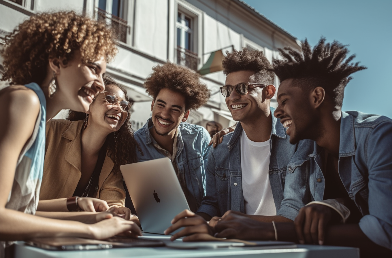 Six office workers laughing with man at laptop