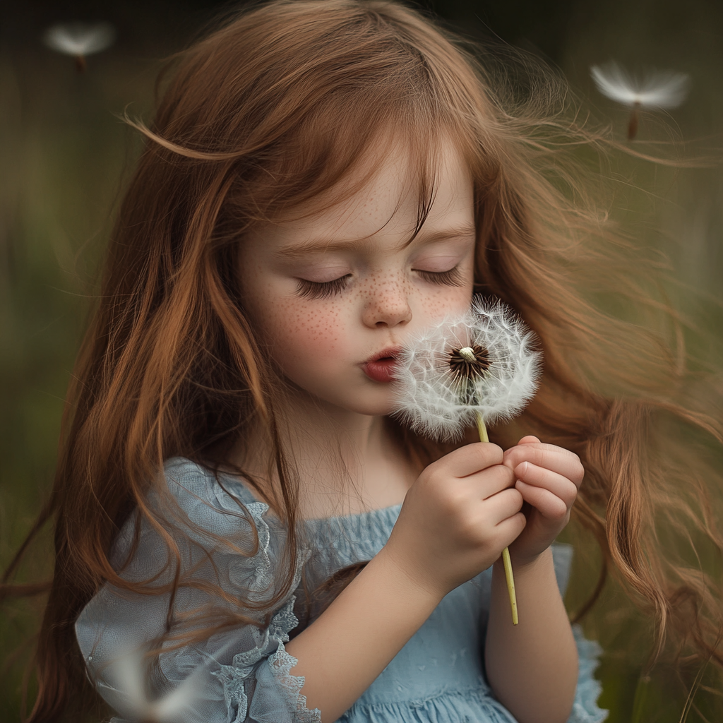 Six-year-old girl with freckles and brown eyes, holding dandelion.