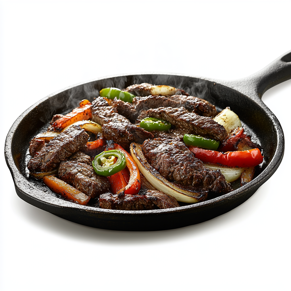 Sizzling Beef Fajitas on Hot Cast Iron Pan