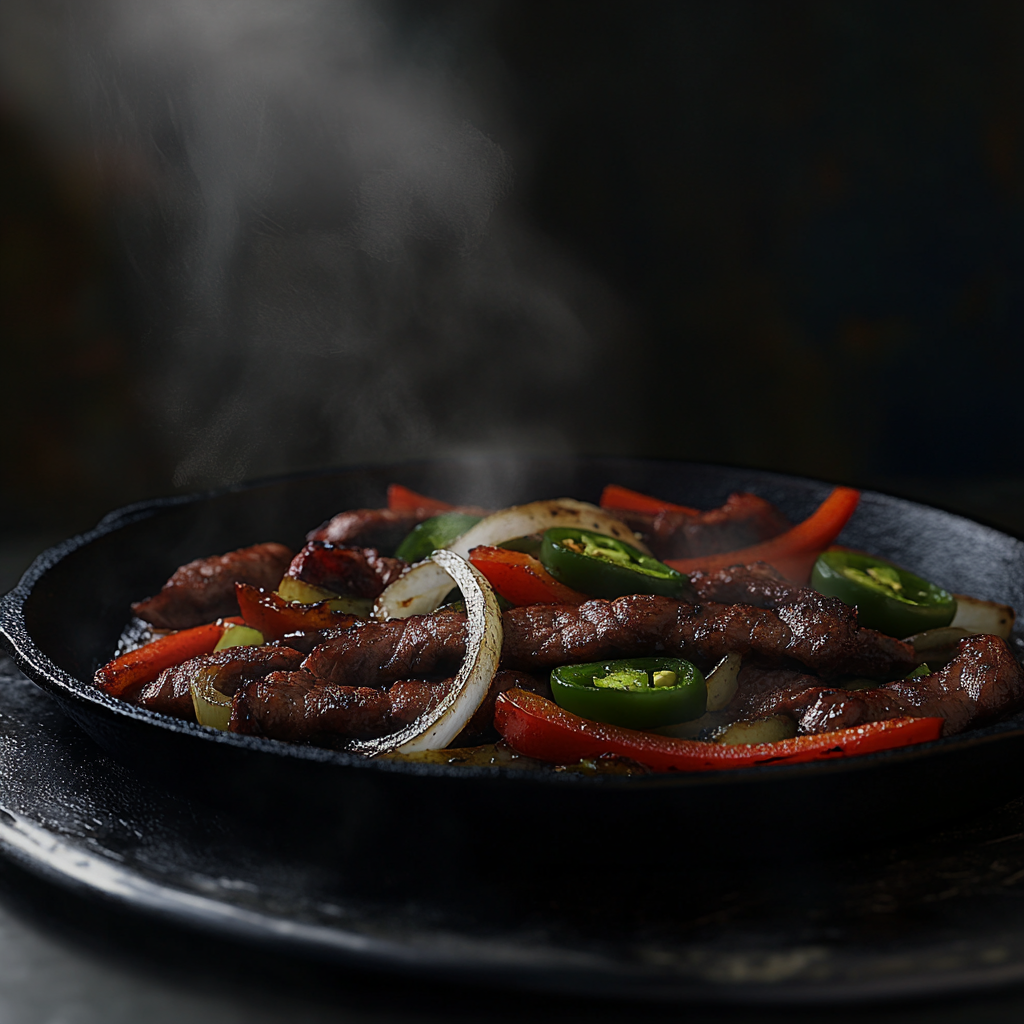 Sizzling Beef Fajitas on Hot Griddle Pan