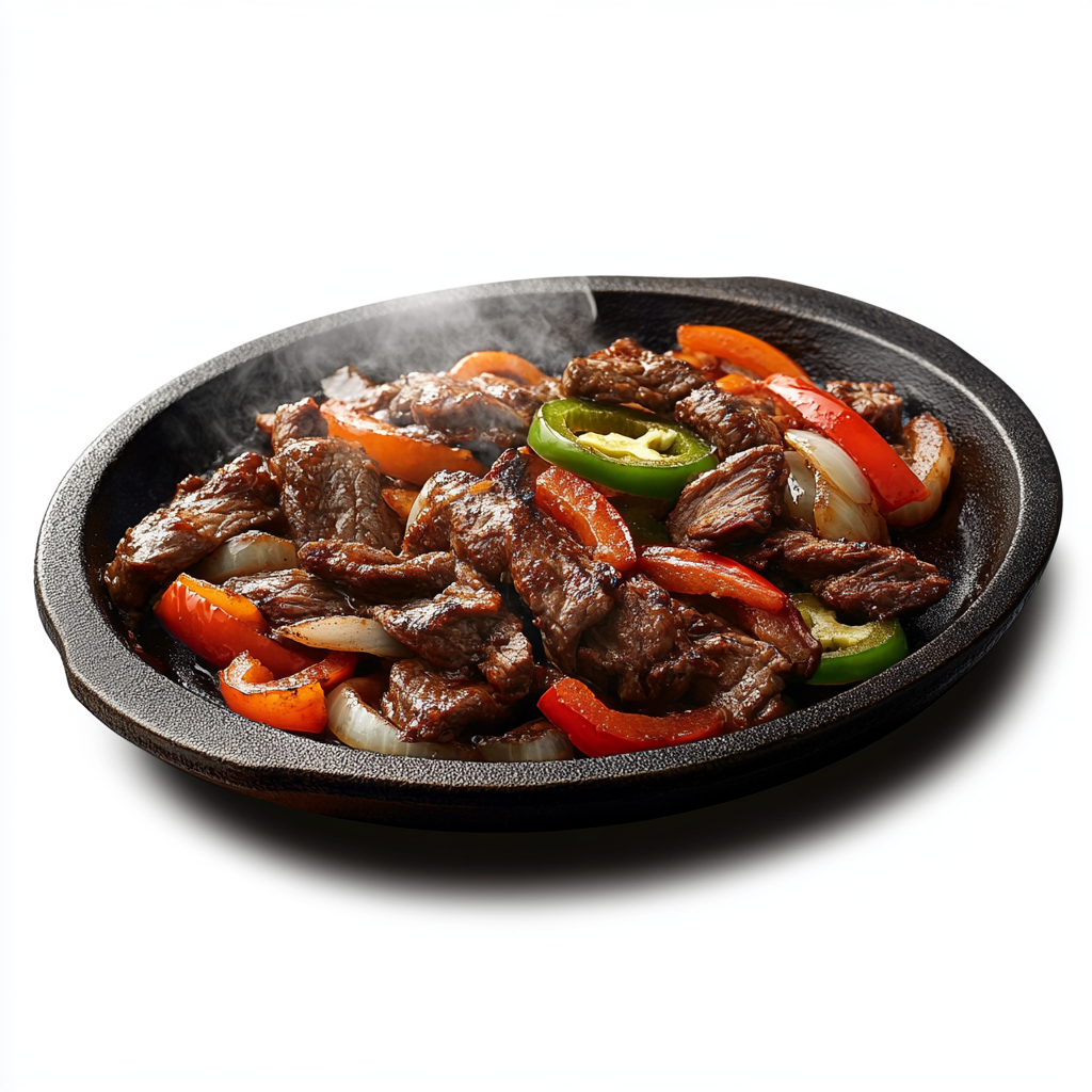 Sizzling beef fajitas on a hot griddle pan.