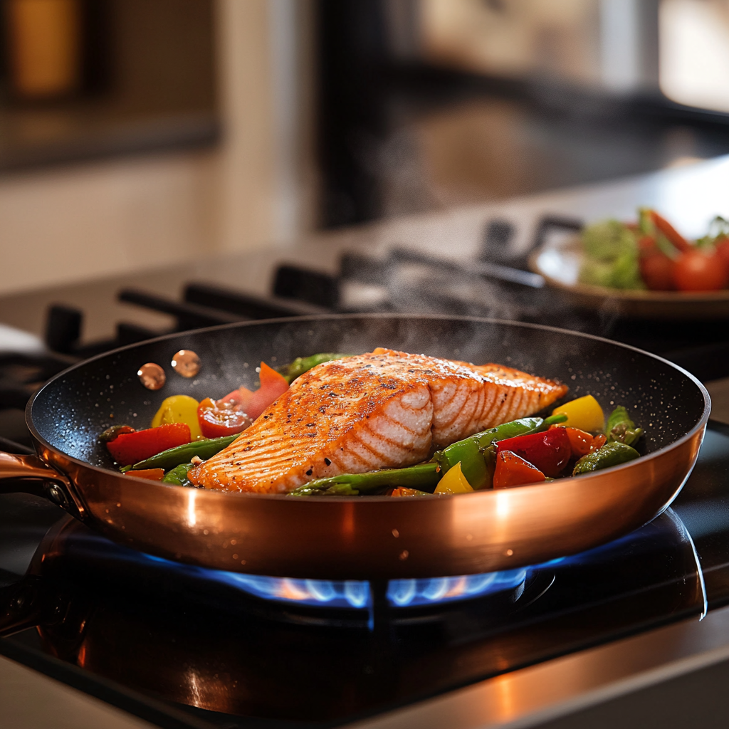 Sizzling salmon and veggies in the copper pan