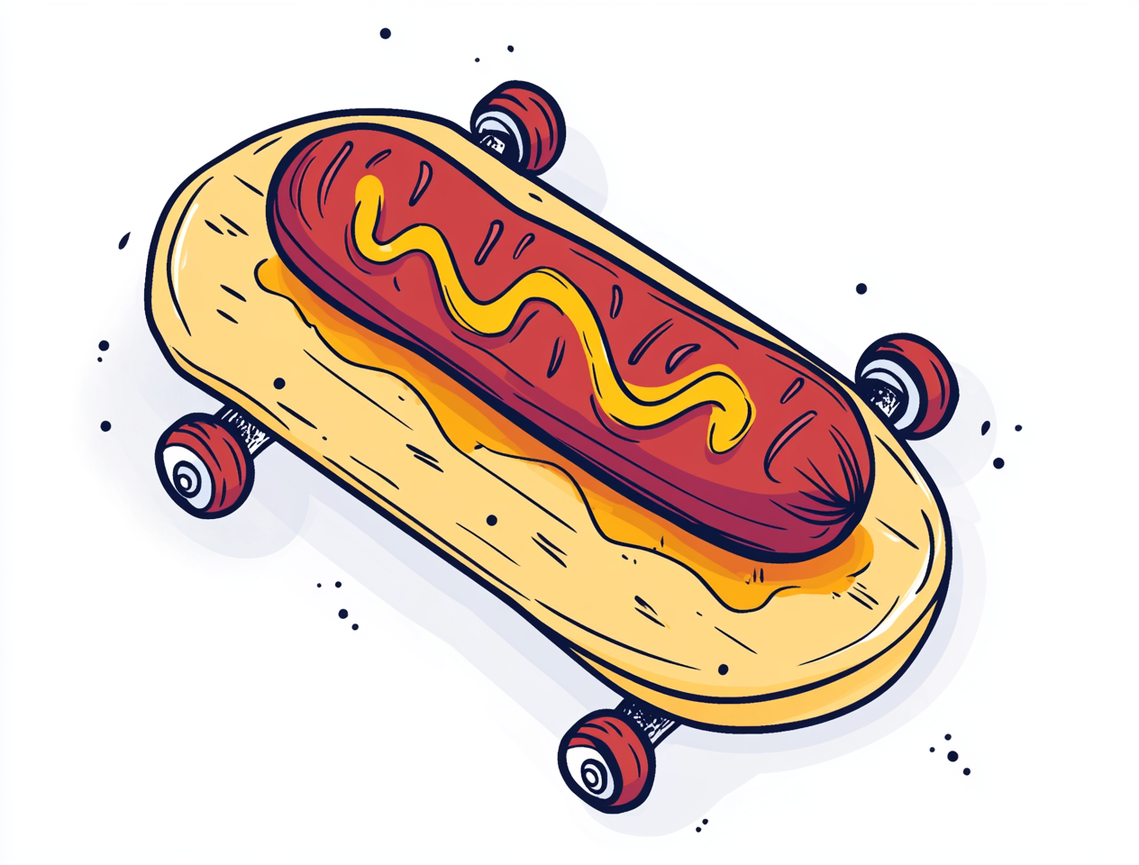 Skateboard shaped like hot dog illustration on white background.