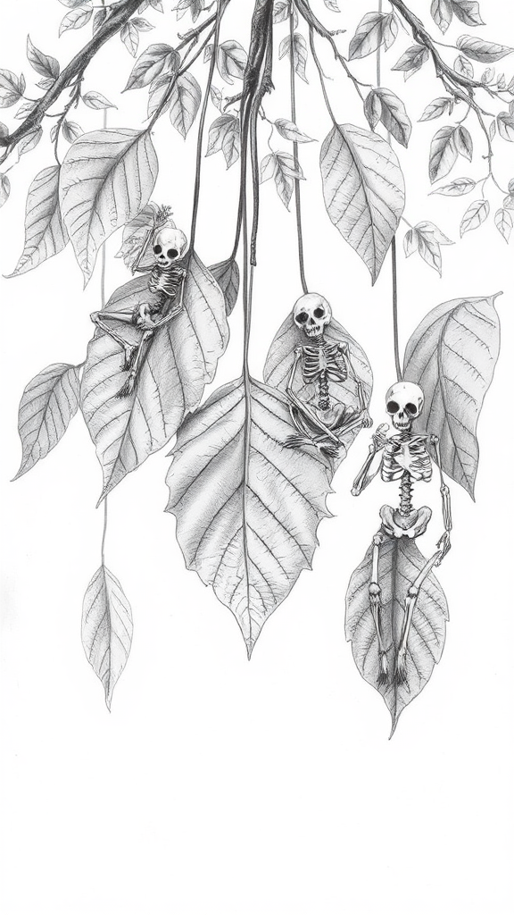 Skeletal friends enjoying fall leaves in whimsical setting.