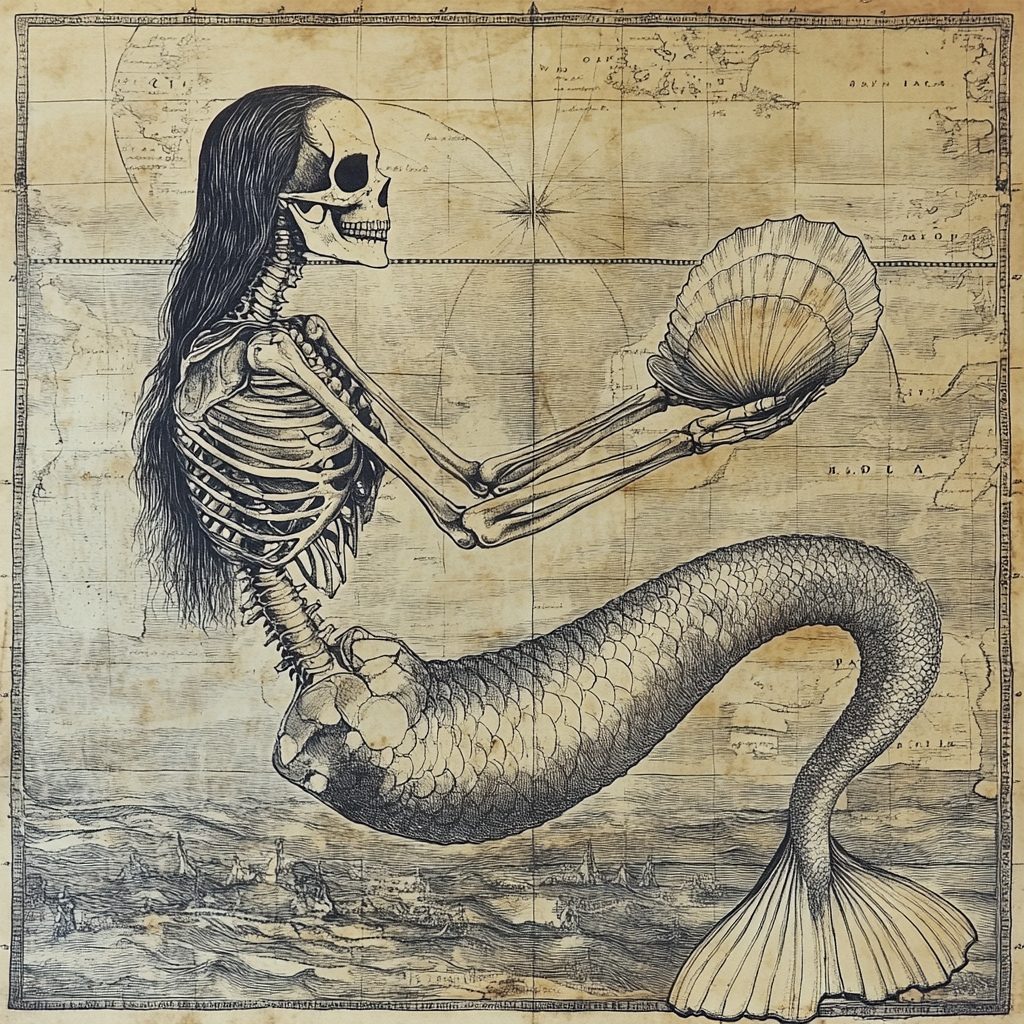 Skeleton Mermaid Holding Pearl on Old Map Illustration