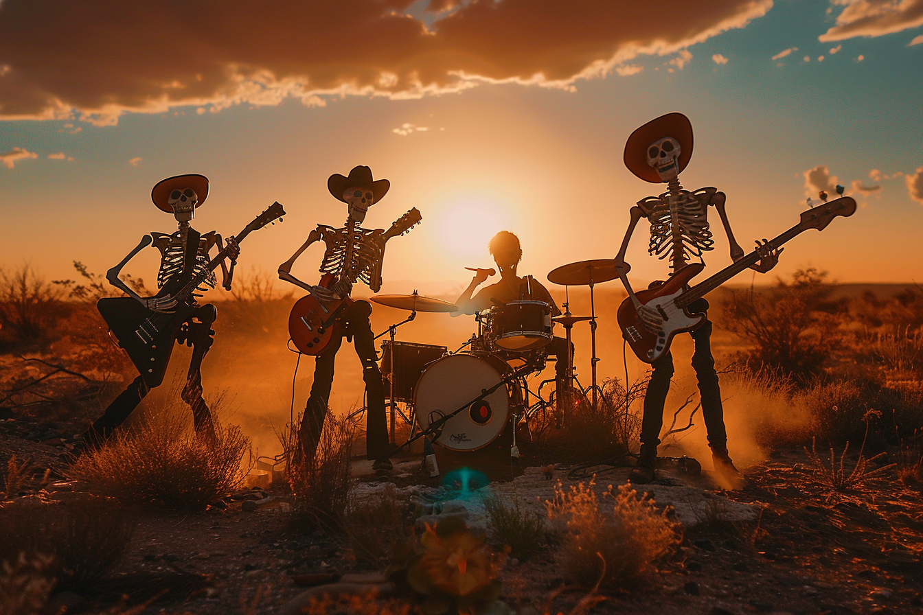 Skeleton band jamming in Texas desert graffiti sunset.