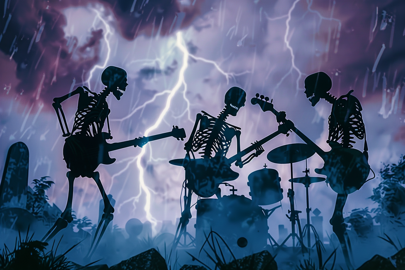 Skeleton band playing instruments in stormy cemetery scene.