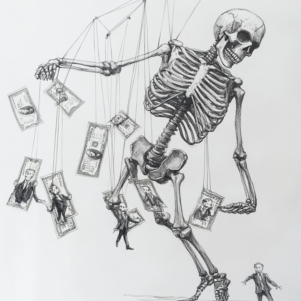 Skeleton controls marionettes in business attire chasing bank notes.