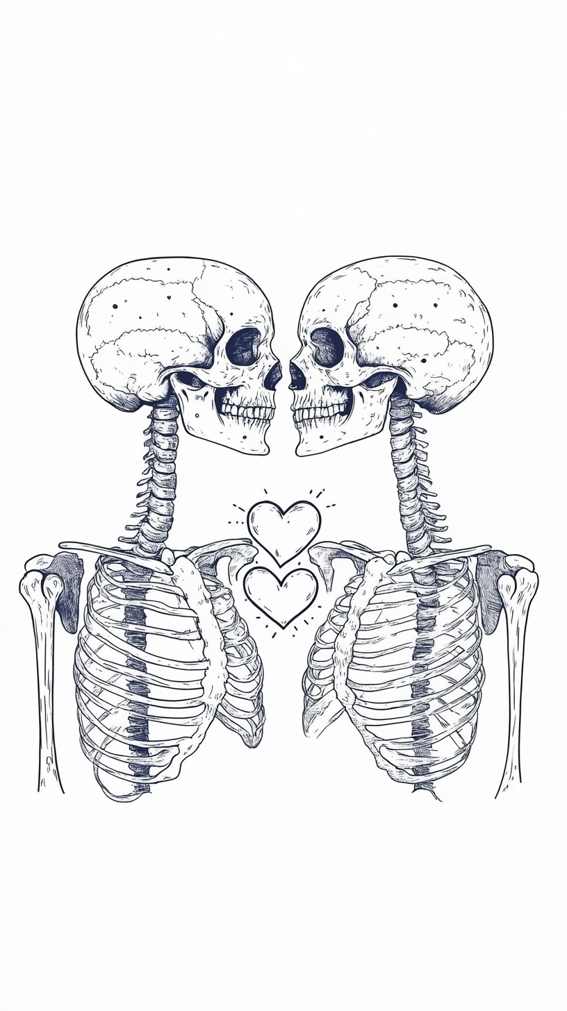 Skeleton couple hugging, heart in hand, white background