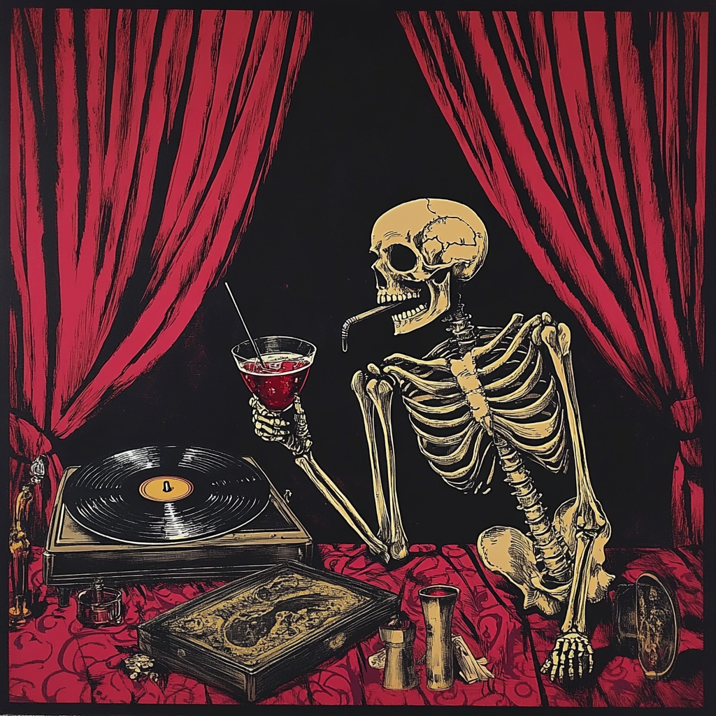 Skeleton enjoys a cocktail in jazzy bar.