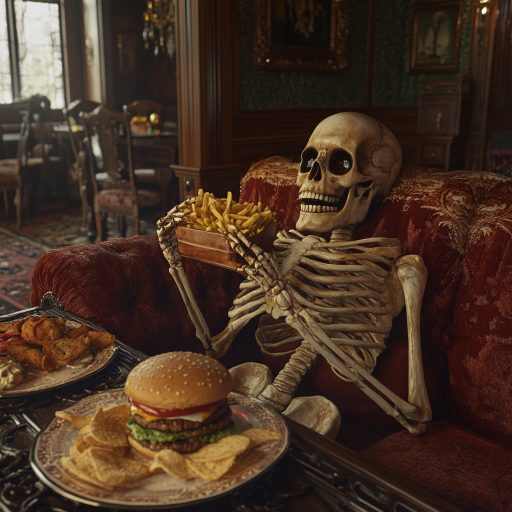 Skeleton gobbles food in fancy house