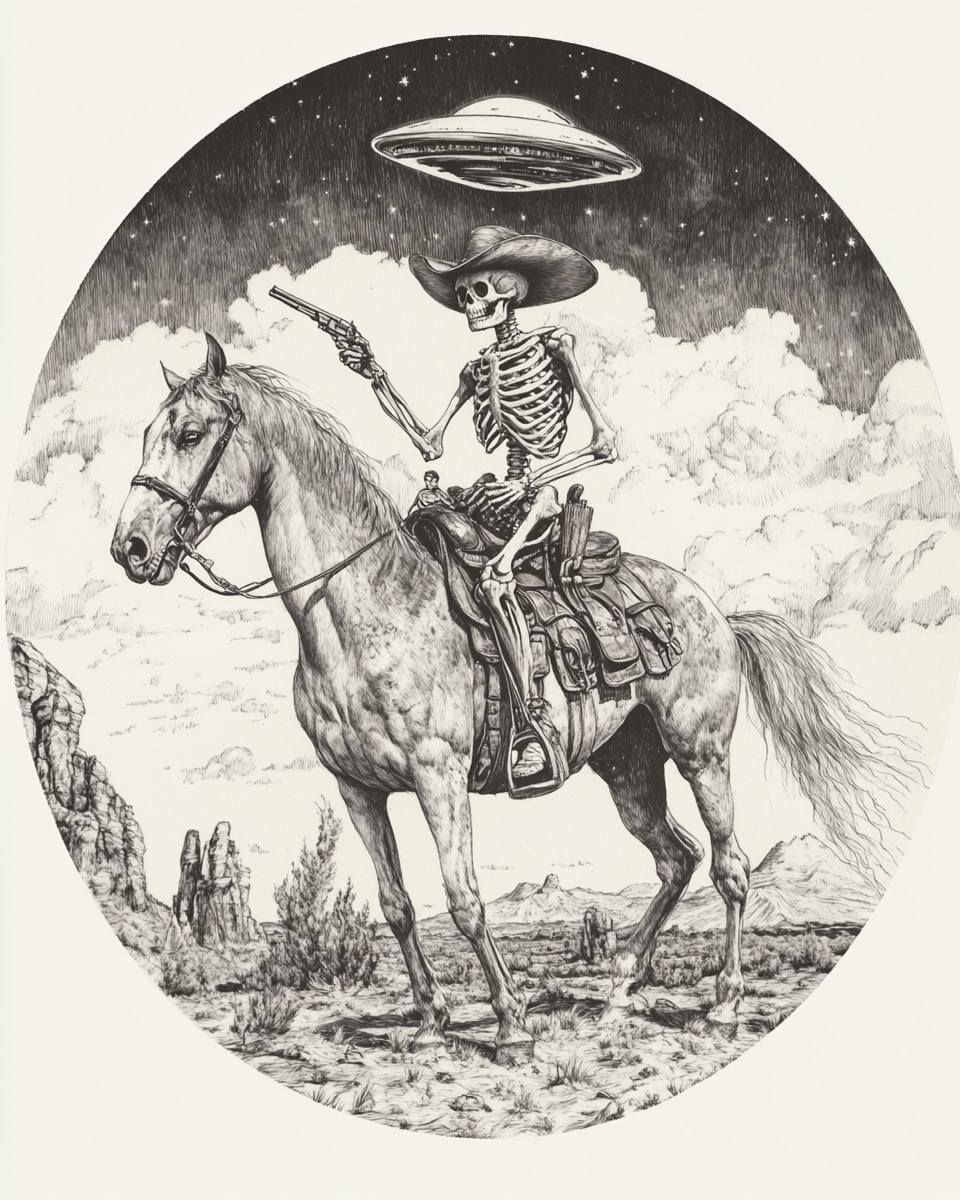 Skeleton gunslinger on horse abducted by UFO in sketch.