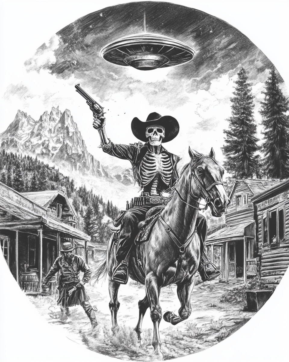 Skeleton gunslinger on horseback, chased by UFO in town.