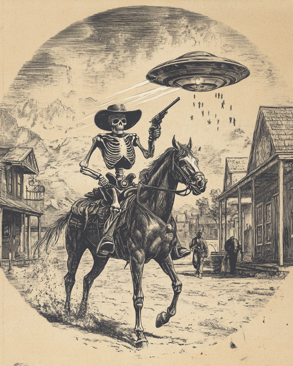 Skeleton gunslinger on horseback aims at UFO through town.