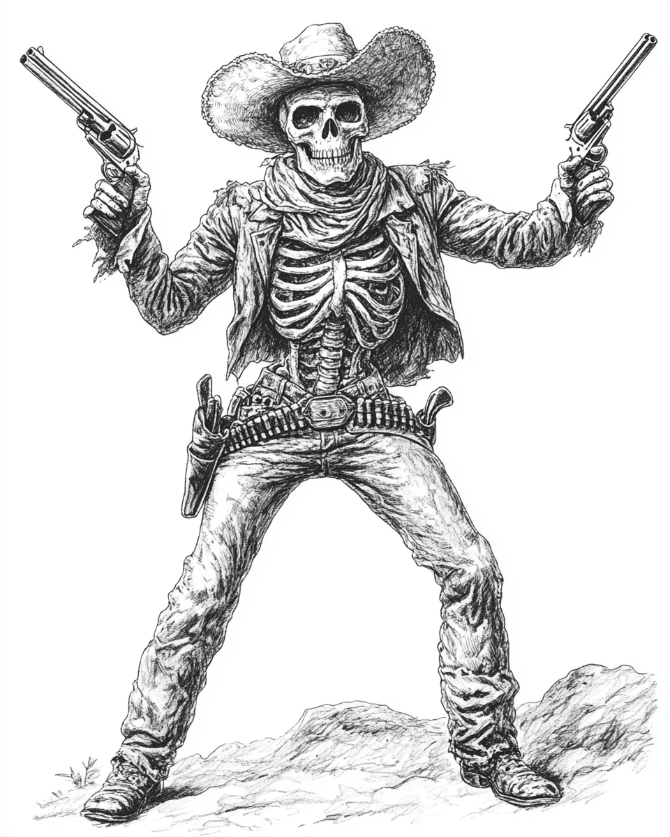 Skeleton gunslinger with gun raised in vintage trading card.