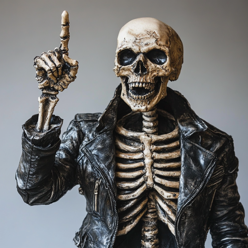 Skeleton in motorcycle jacket provocatively raising middle finger backward.