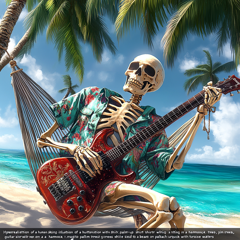 Skeleton playing guitar in beach hammock.