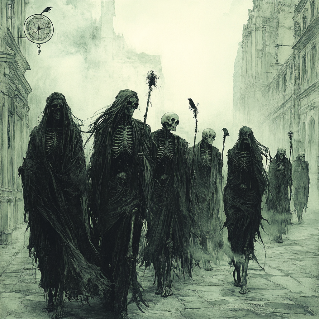 Skeleton procession in black attire under fog, eerie solitude.