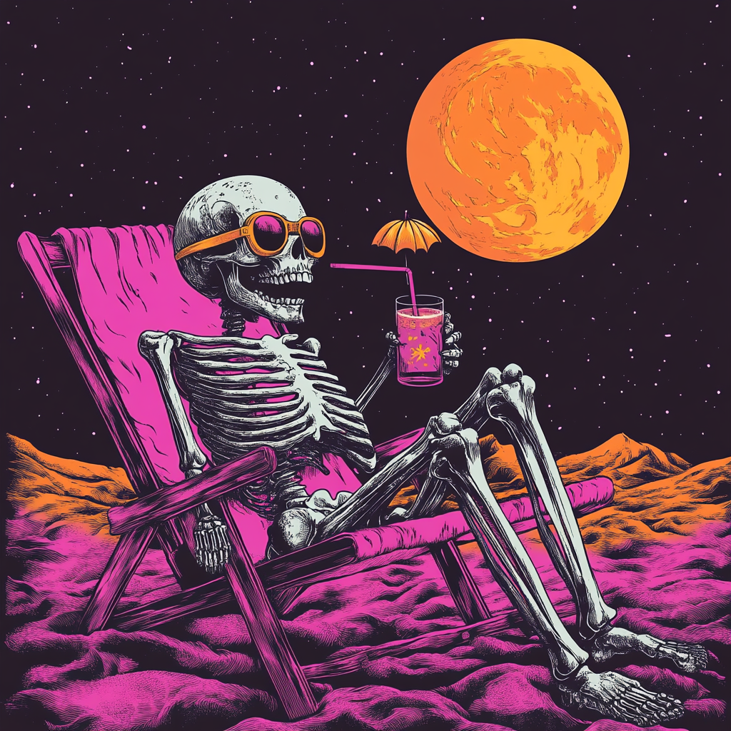 Skeleton relaxing in beach chair with drink under moon.