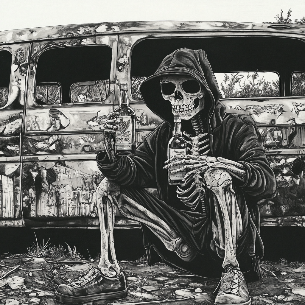 Skeleton squatting with alcohol in front of school bus.