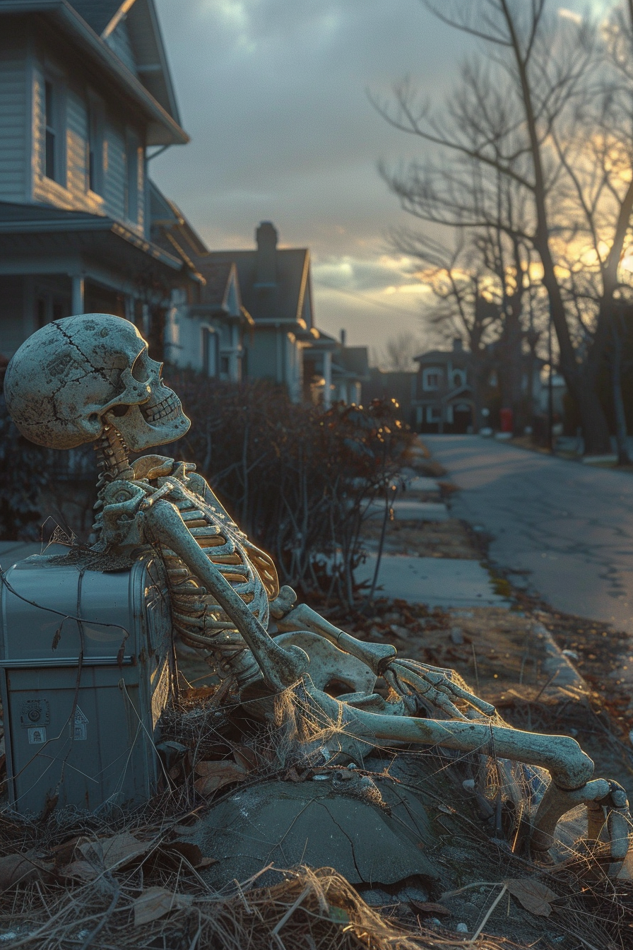 Skeleton waiting by mailbox in suburban neighborhood