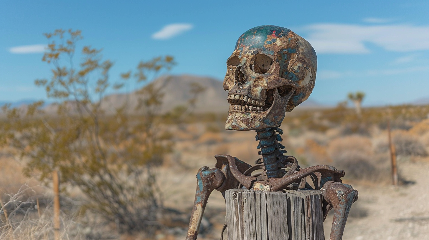 Skeleton wearing clothing on wooden pole in desert.