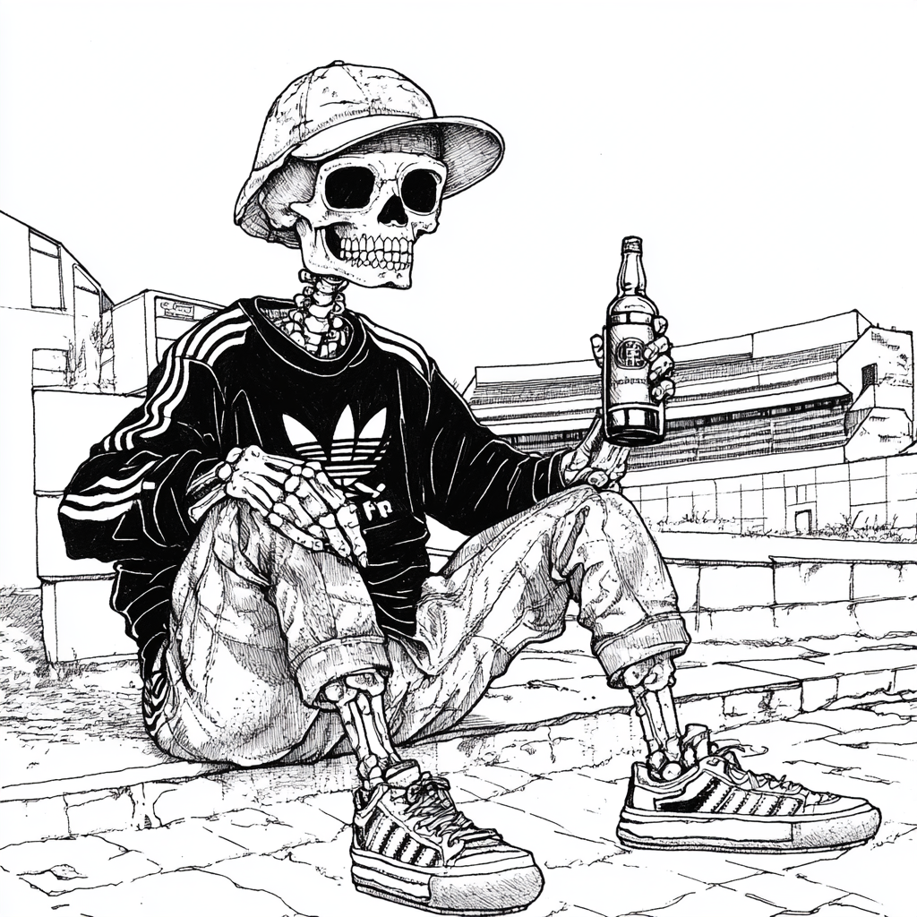 Skeleton with alcohol bottle squatting outside football stadium.