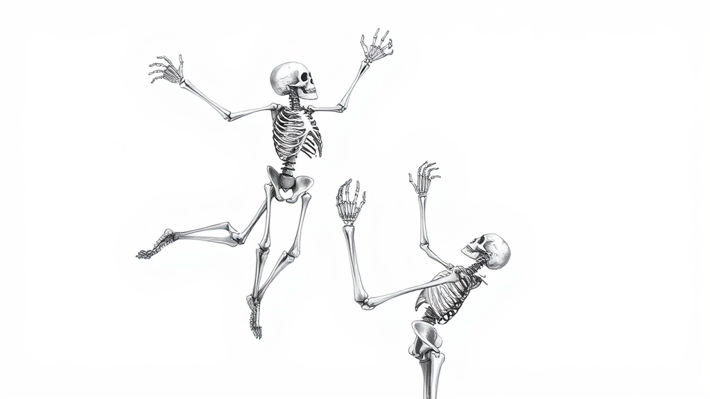 Skeletons in dramatic interaction: one falling, one catching.