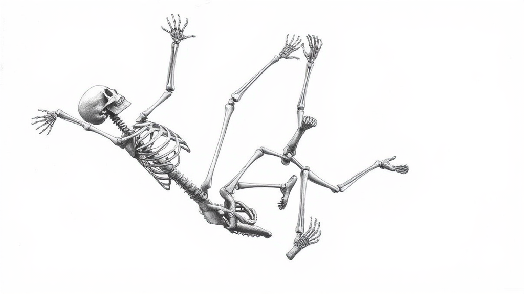 Skeletons in motion: one falls, one prepares to catch.