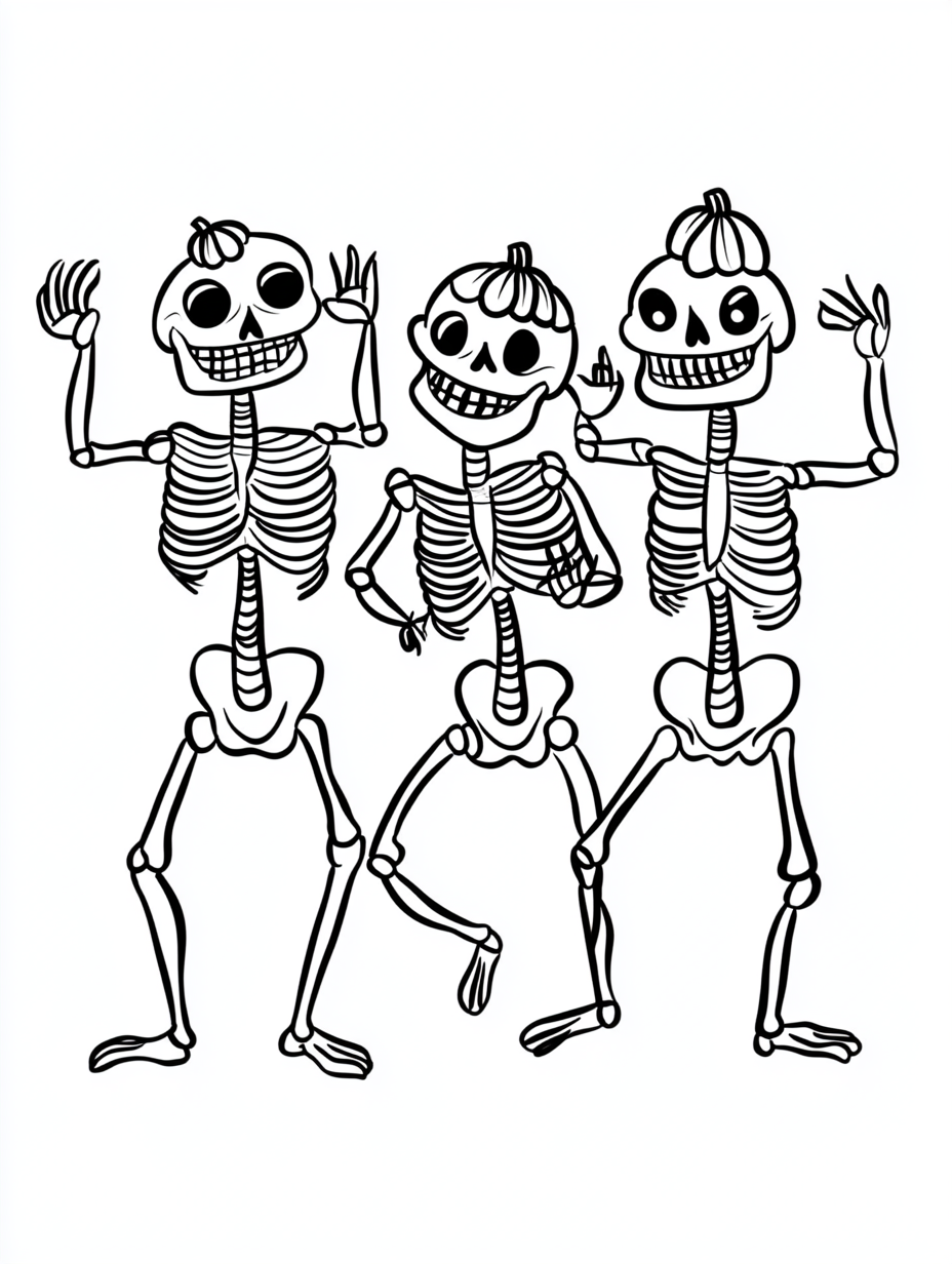 Skeletons with pumpkin heads dance on coloring book page.