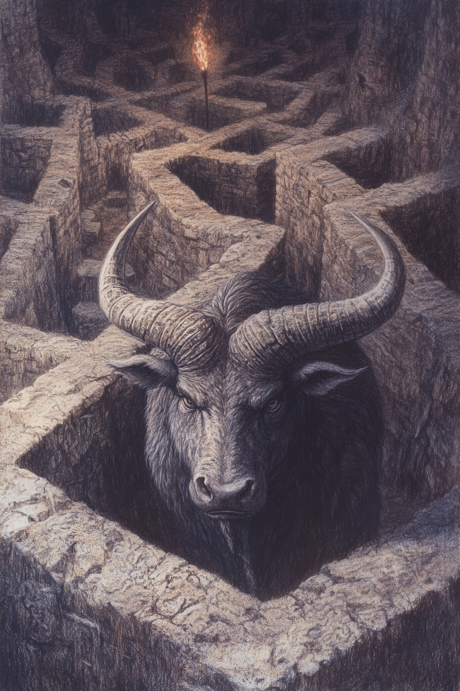 Sketch of Minotaur in maze with stone walls.