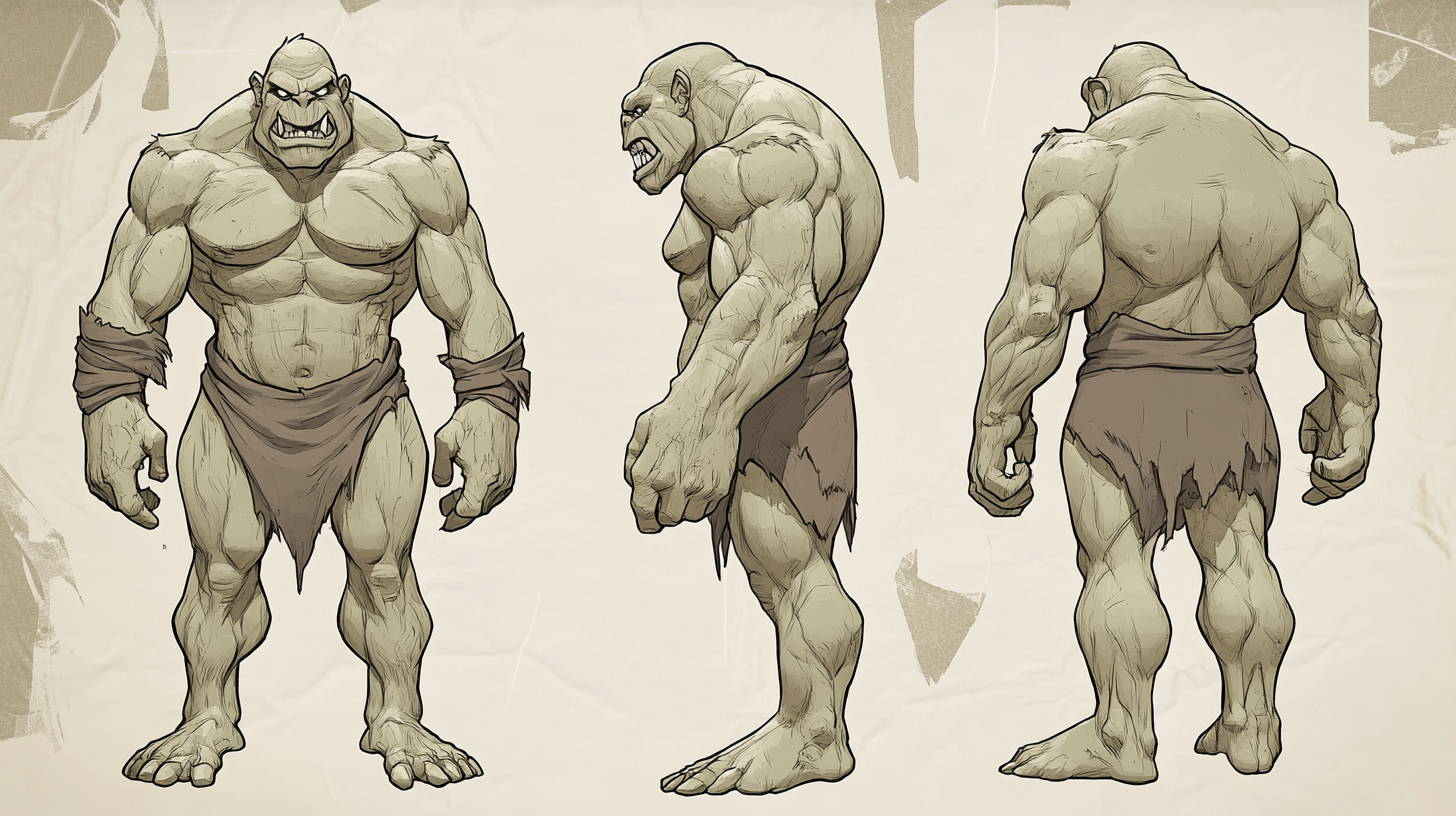 Sketch of angry green ogre in cave-man clothing.