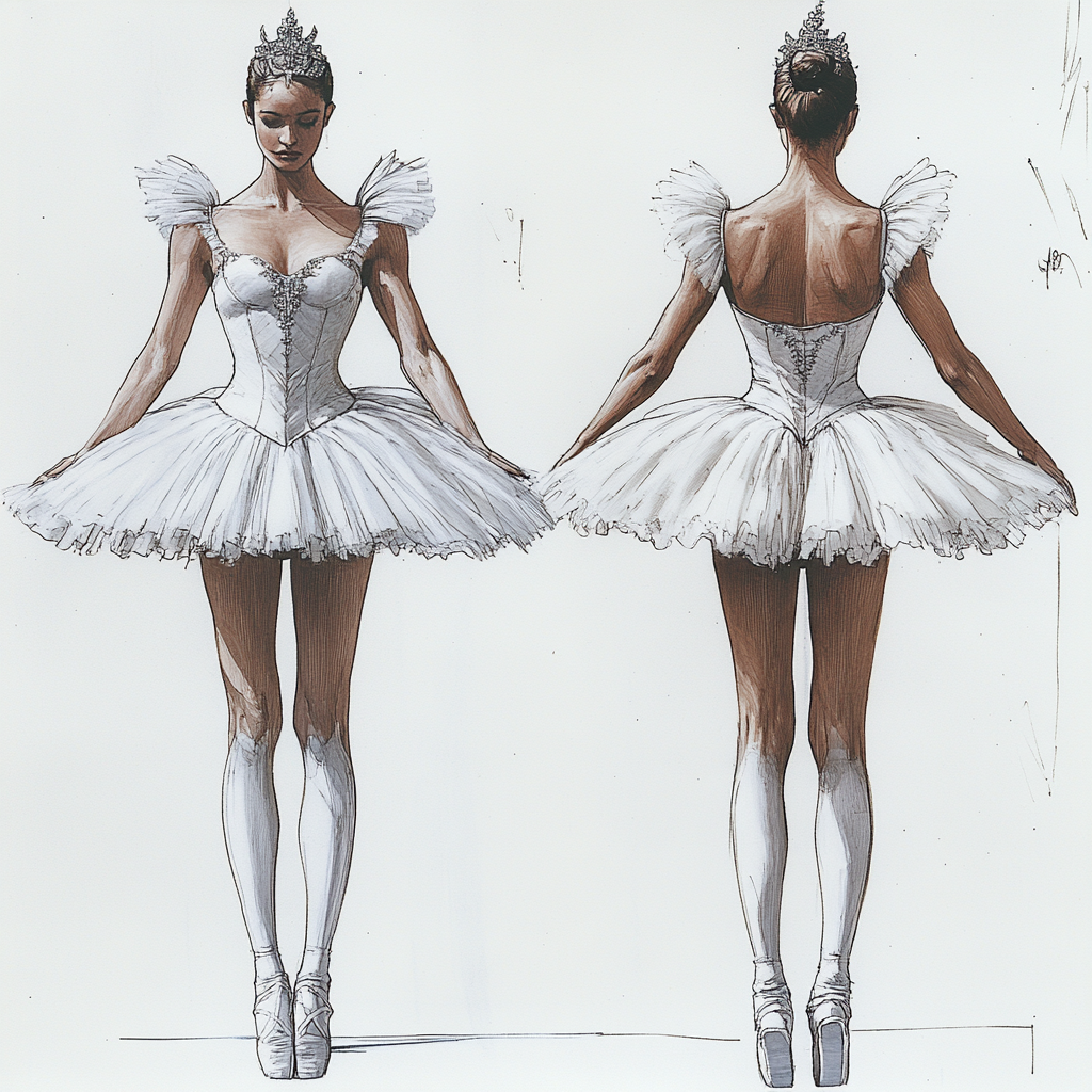 Sketch of ballerina in white tutu costume from front