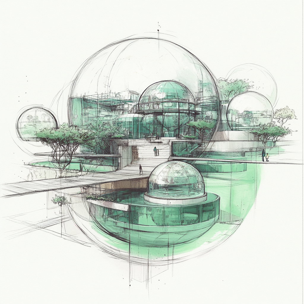 Sketch of biopark with green house domes and walkways