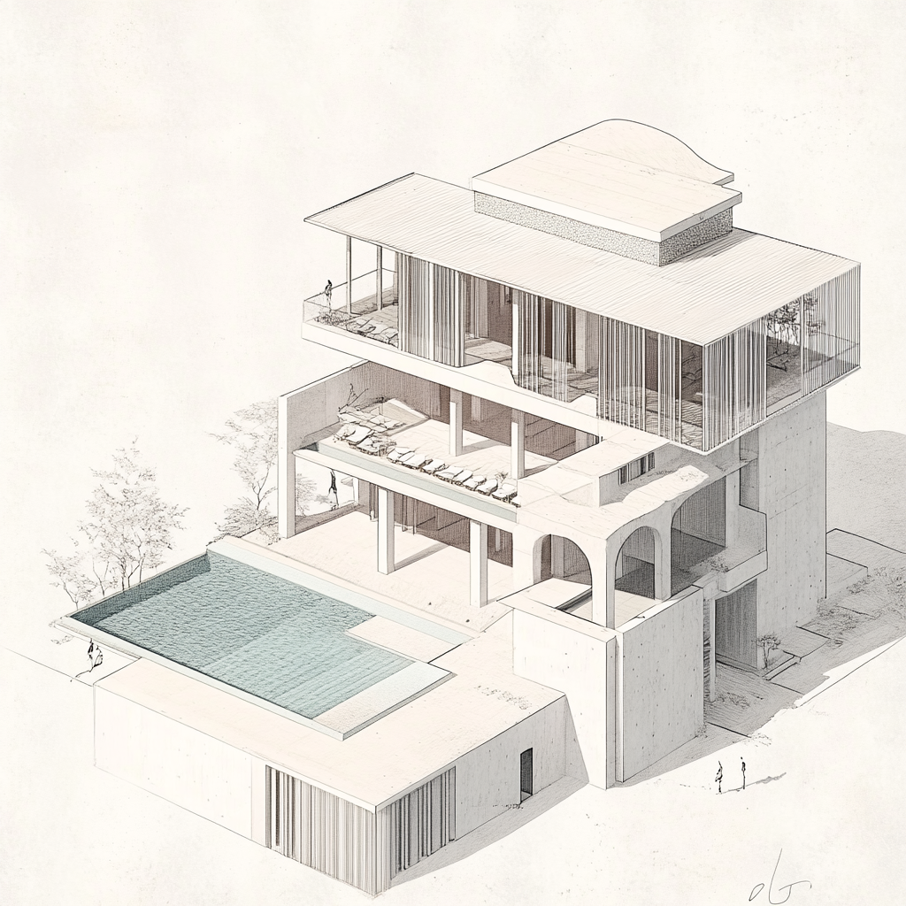 Sketch of building with terrace pool and culvinear roof.