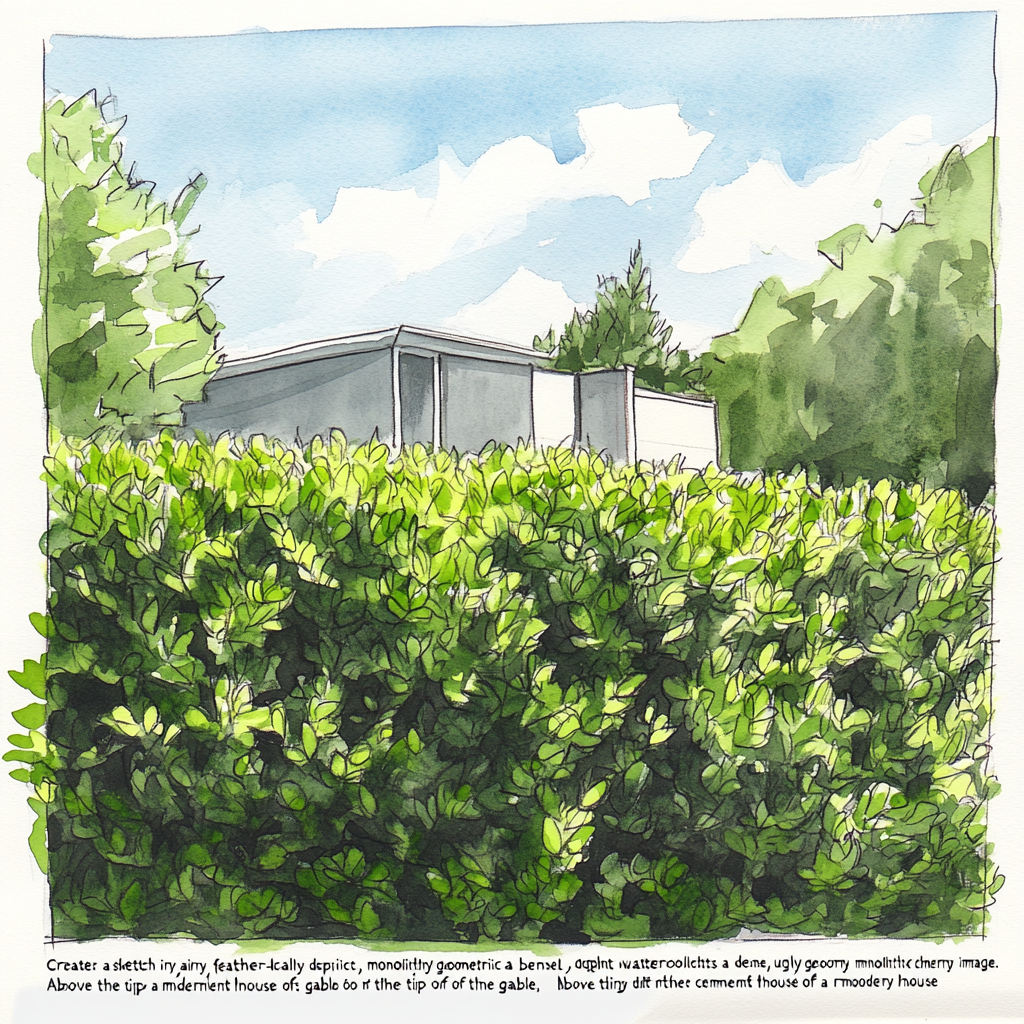 Sketch of dull laurel hedge with tip of house.