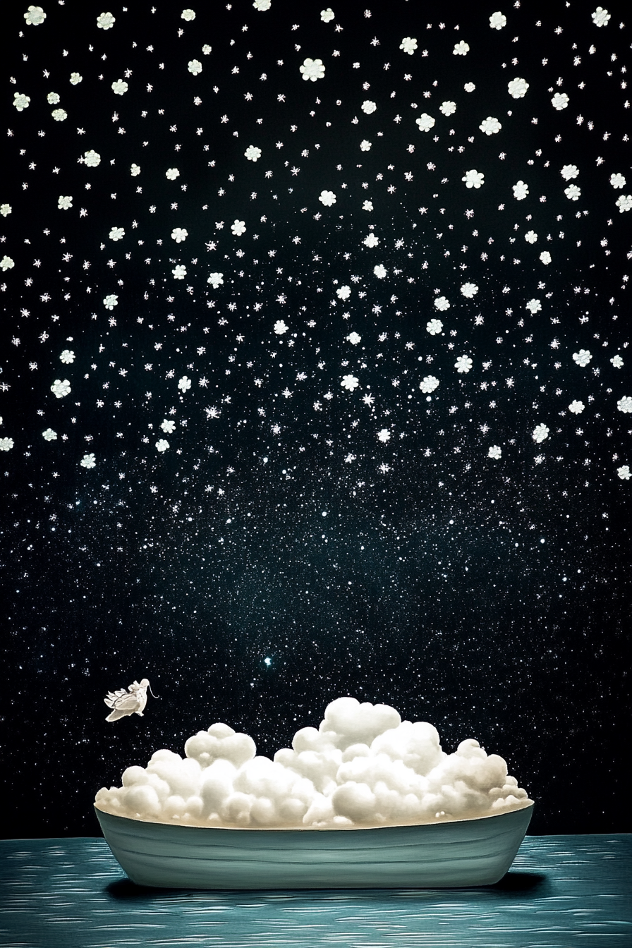 Sketch of floating cloud boat in star-filled night.