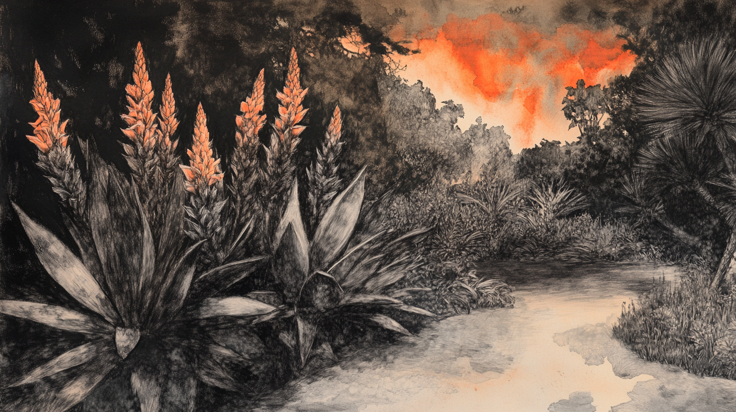 Sketch of lovely garden with aloe plants in sunset.