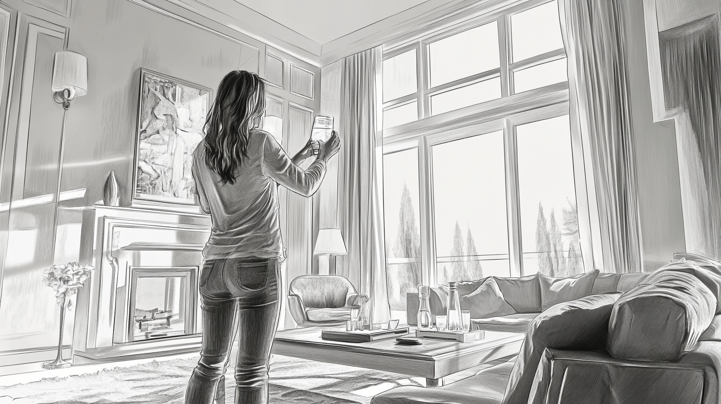 Sketch of woman pouring water in luxury living room.