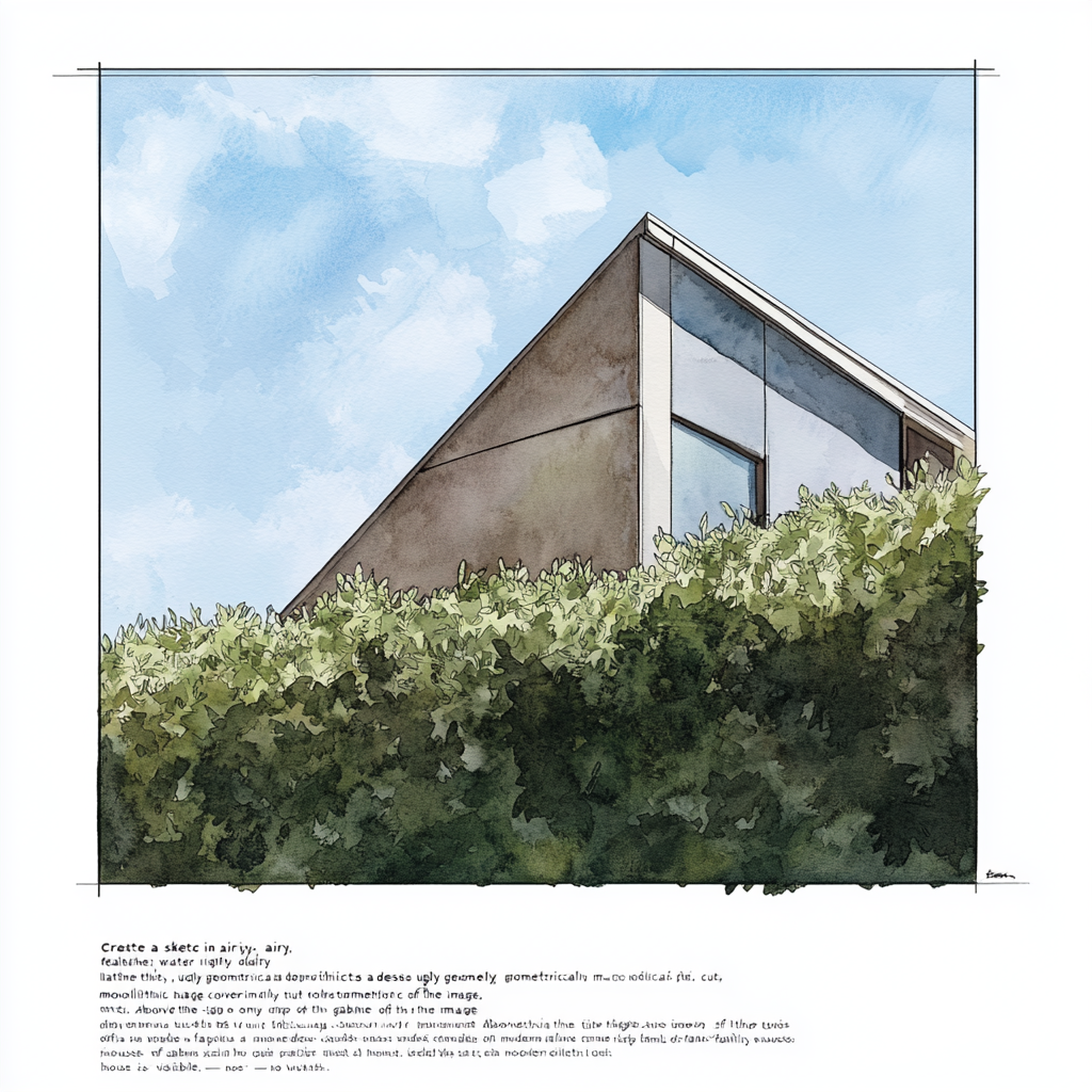 Sketch: Dense geometric laurel hedge, modern gable peeks out. Sky blue.