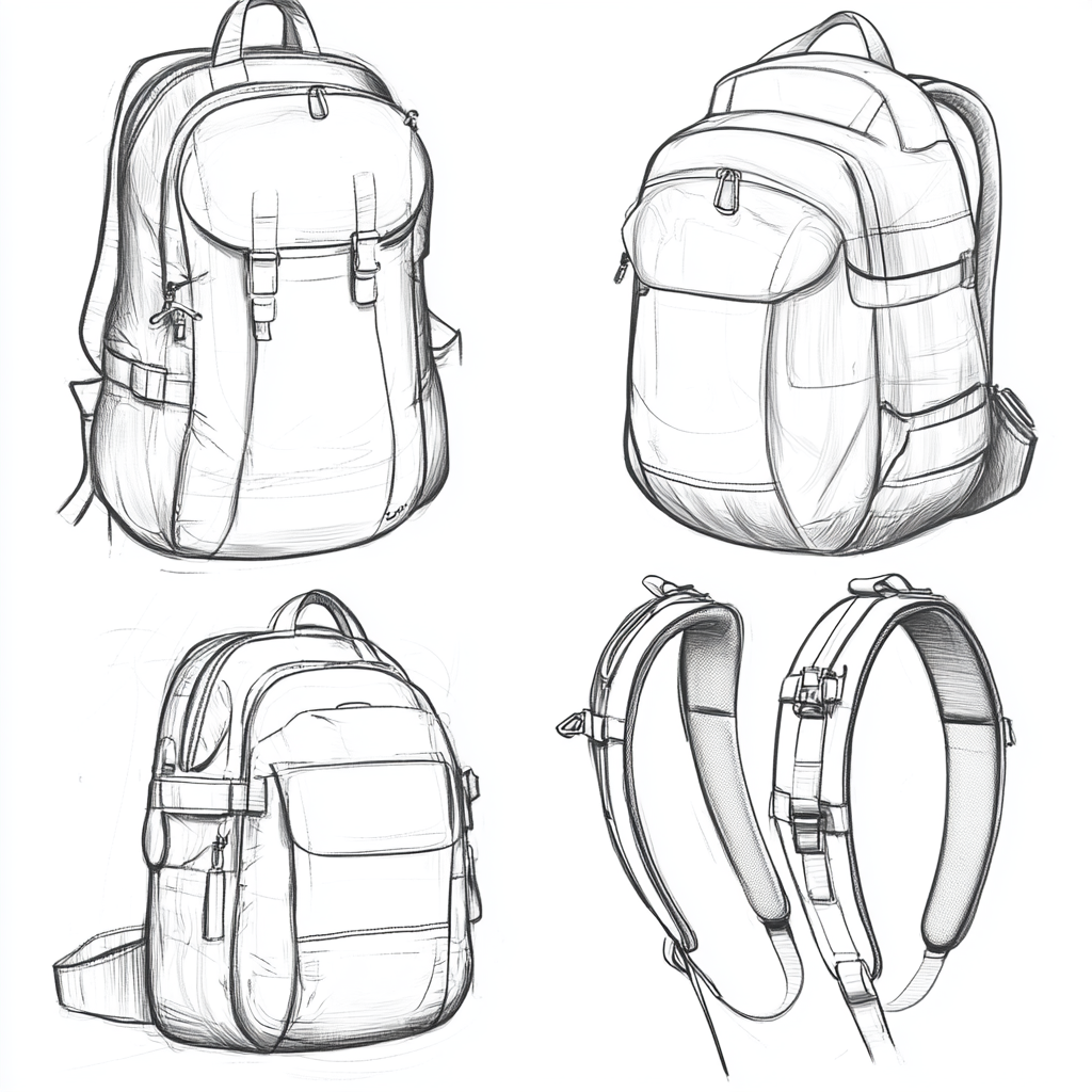 Sketches of gym bag with zipper, side opening, straps, and handles.