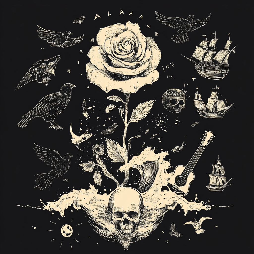 Sketches of rose, ship, guitar, crown, skull, ravens.