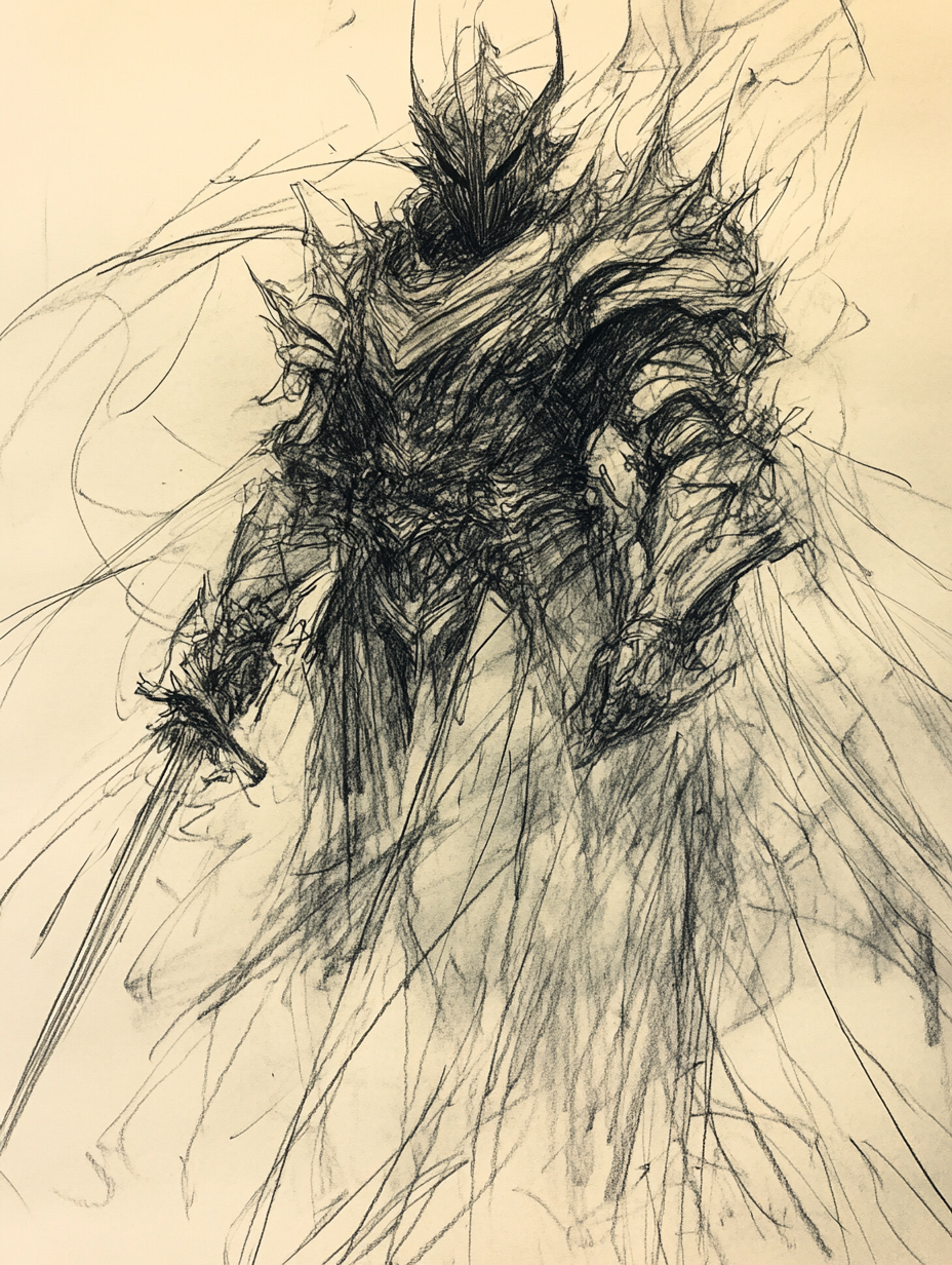 Sketchy drawing of dark figure in demonic armor.