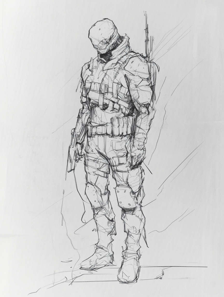 Sketchy pencil drawing of lone survivor in post-apocalyptic world.