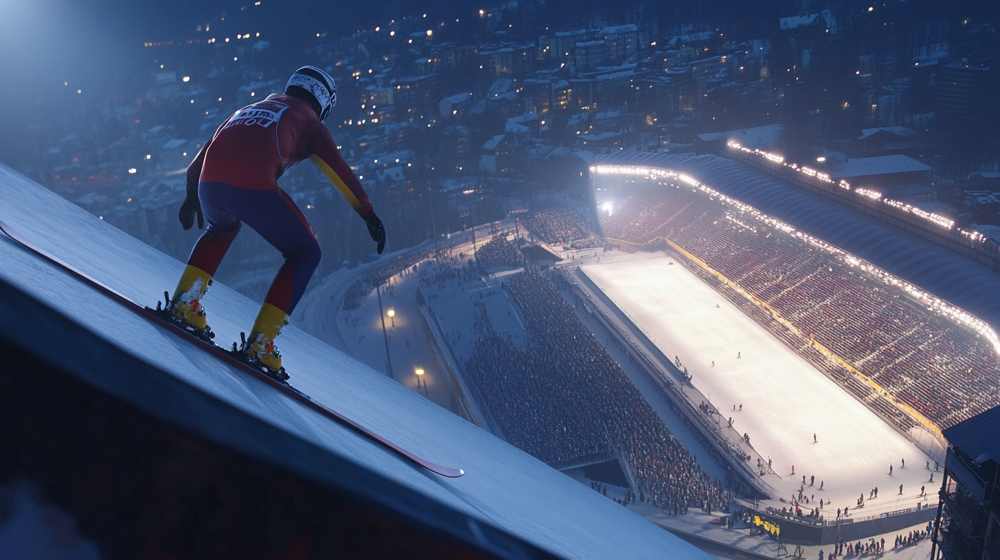 Ski jumper flying down illuminated slope at evening