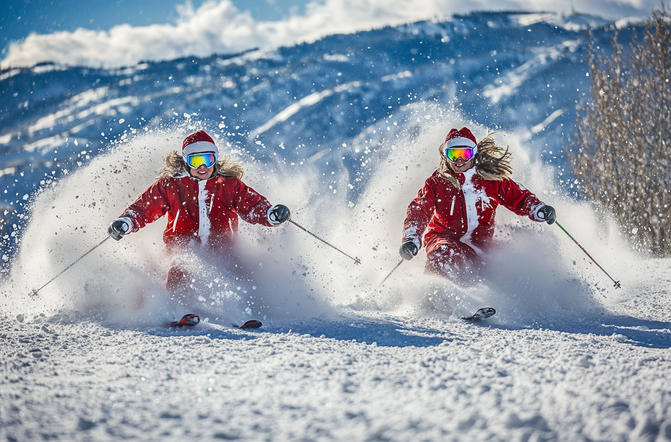 Skiers in Christmas outfits skiing down snowy mountain.