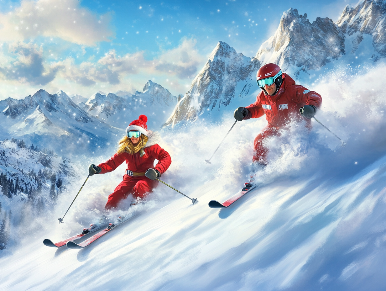 Skiing Couple on Snowy Mountain in Christmas Outfits.