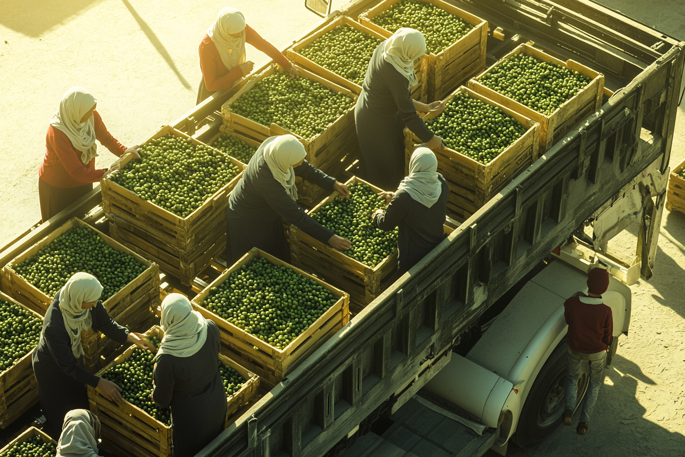 Skilled workers in hijabs loading olives in sunlight.