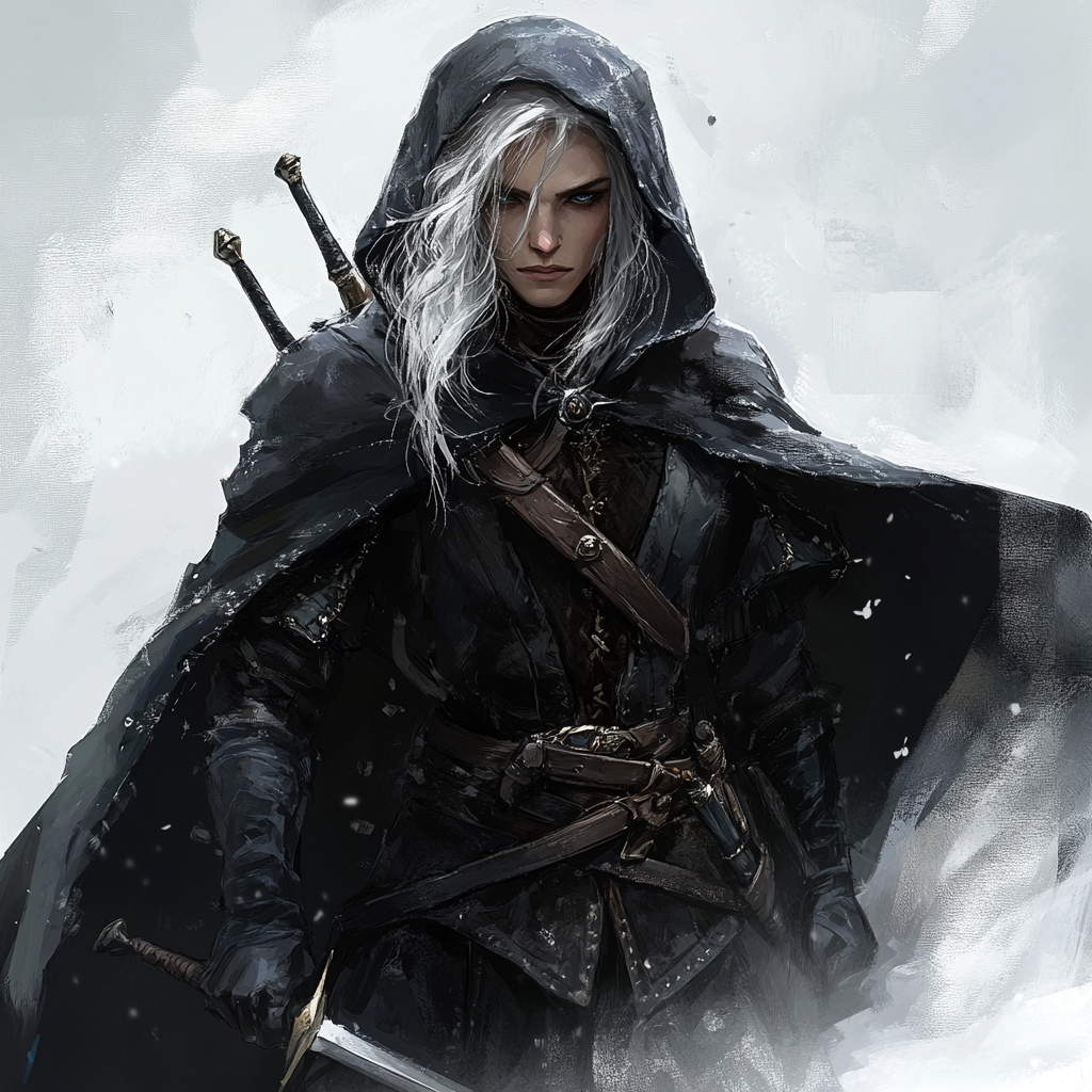 Skillful winter elf with icy hair holds daggers gracefully.