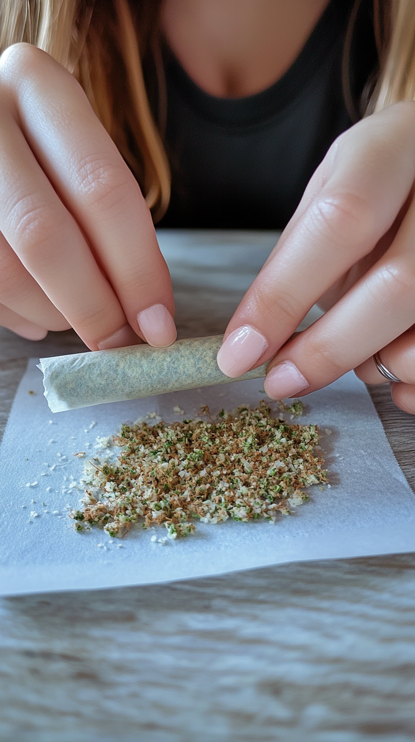 Skillful woman meticulously crafting cannabis joint with flawless technique.